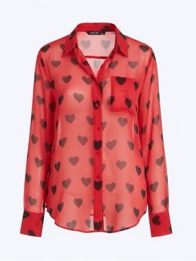 Nasty Gal Hot Pink Black Heart-Print sheer blouse